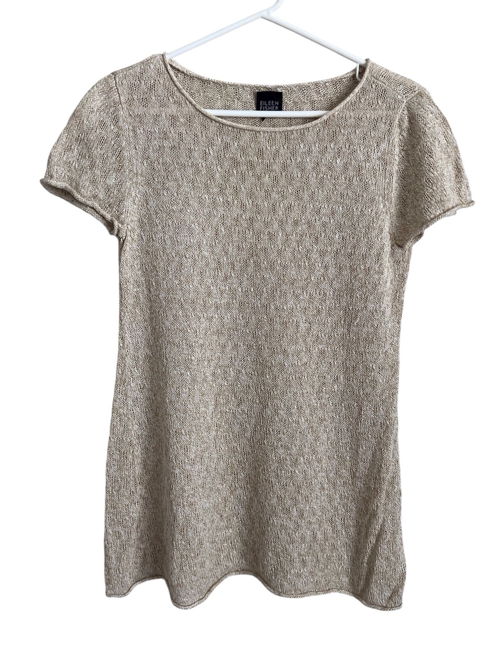 Eileen Fisher Tan Linen Short Sleeve Sweater Coastal Casual Neutral Approx Small